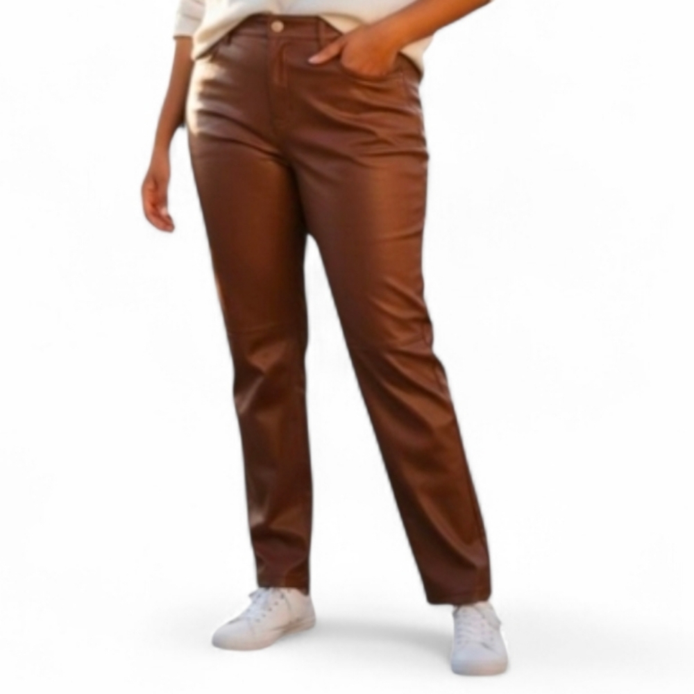 Reitmans Cognac Brown Faux Leather High Rise Straight Leg Jeans size 12